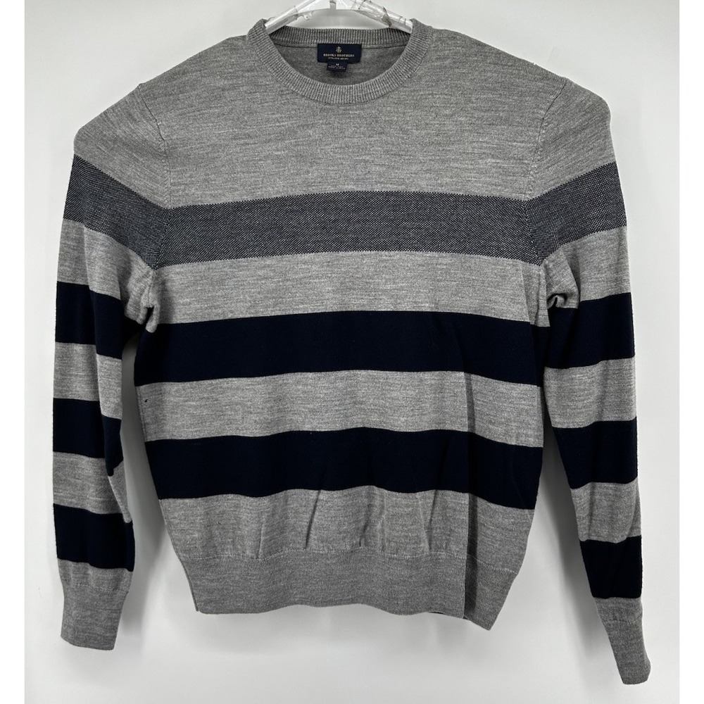 Brooks Brothers Extra Fine Merino 100% Wool Sweater Gray And Blue Striped Medium